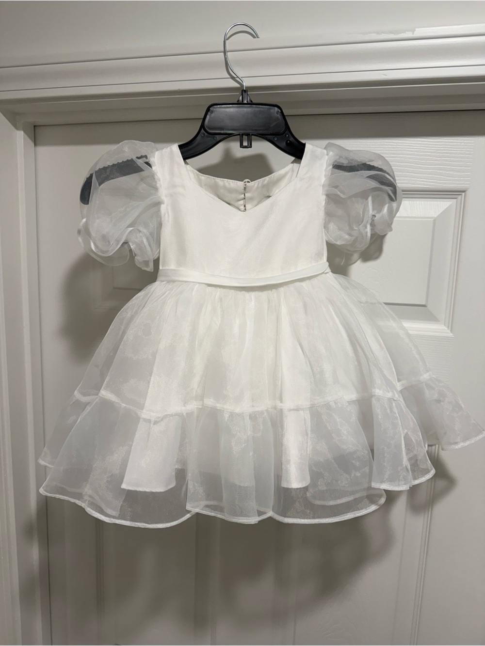 Azazie White Organza Flower Girl Dress with Puff Sleeves